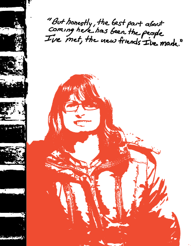 Graphic illustration of Sara leaning against the Waterville Essentials Closet